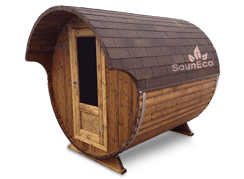 Small wooden barrel sauna lodge, exterior view