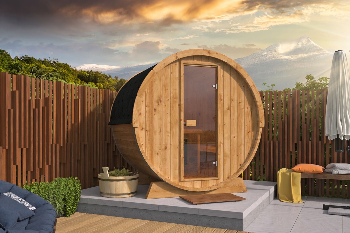 42mm thermowood sauna barrel exterior view