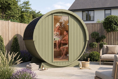 Sauna barrel 1.6m x 2.05m thermowood garden lifestyle view