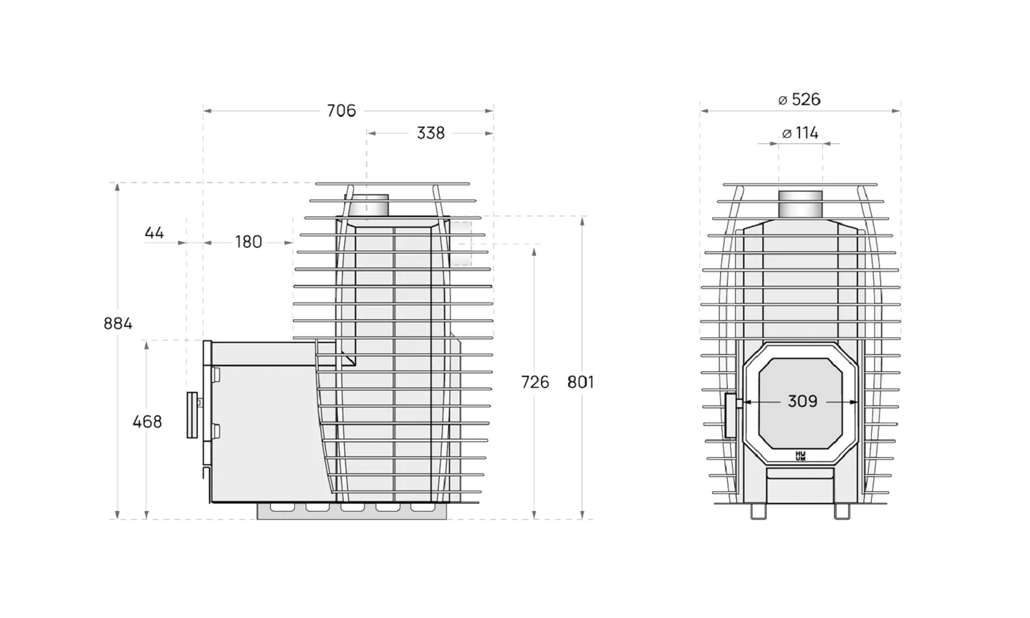 SAUNA WOODBURNING STOVE HUUM HIVE FLOW LS 9,8kW, THROUGH THE WALL