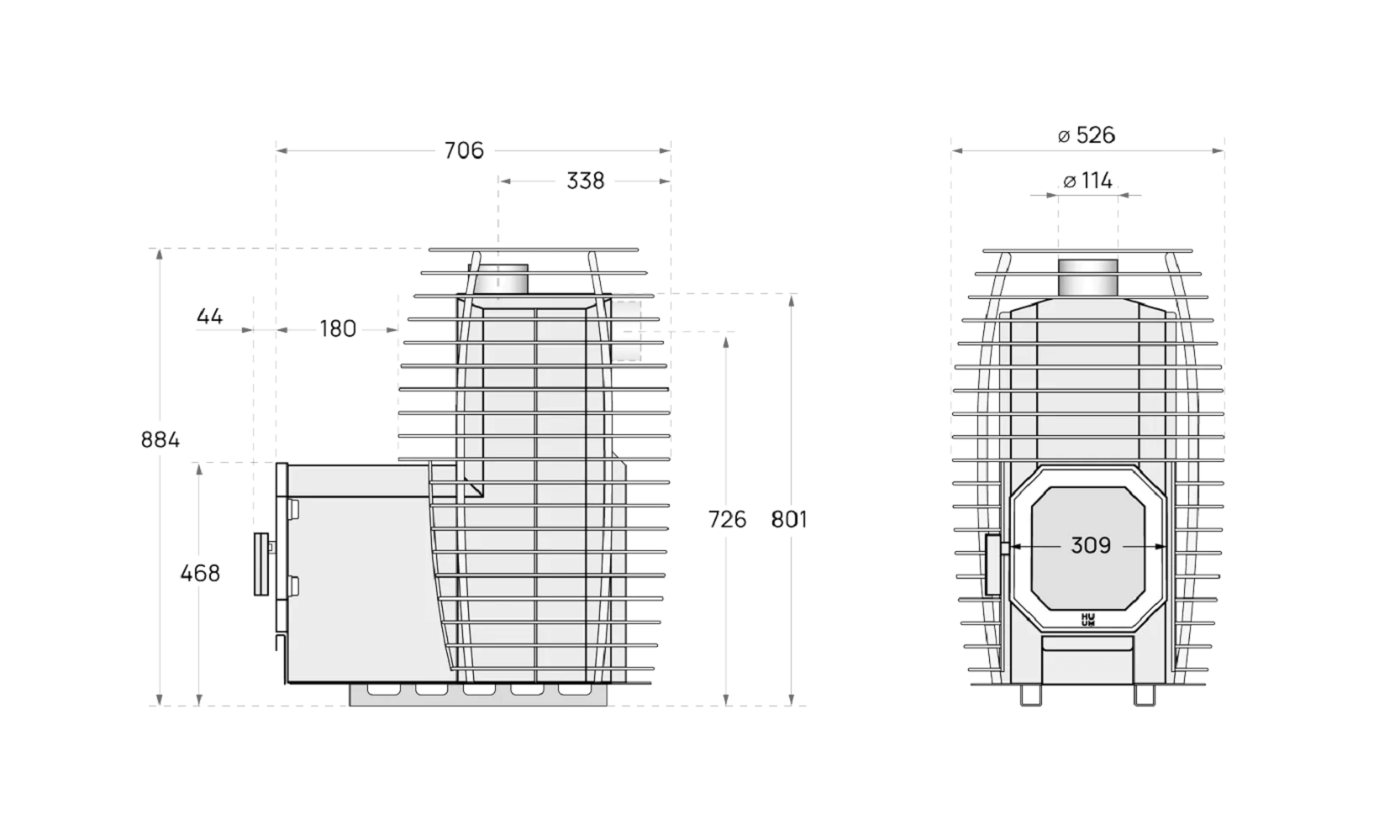 SAUNA WOODBURNING STOVE HUUM HIVE FLOW LS 9,8kW, THROUGH THE WALL