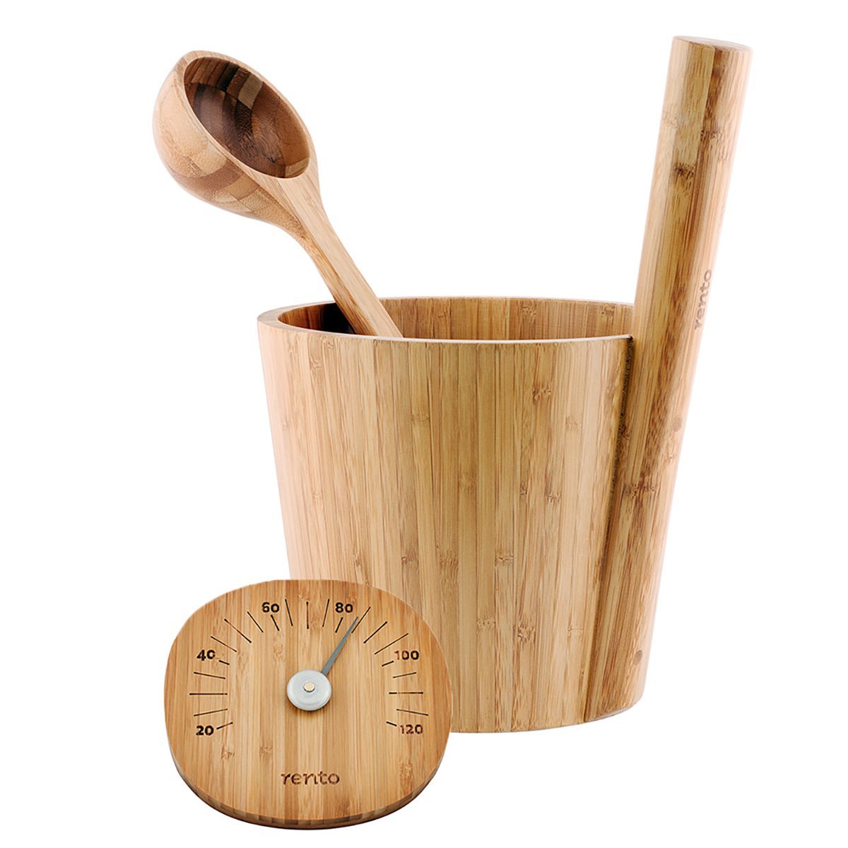 RENTO HEAT-TREATED BAMBOO BUCKET, LADLE AND THERMOMETER SET