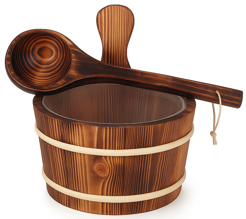 SAUFLEX 4,0 L WOODEN BUCKET AND 36CM LADLE, BURNED ASPEN