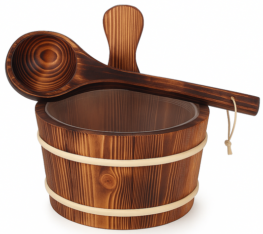 SAUFLEX 4,0 L WOODEN BUCKET AND 36CM LADLE, BURNED ASPEN