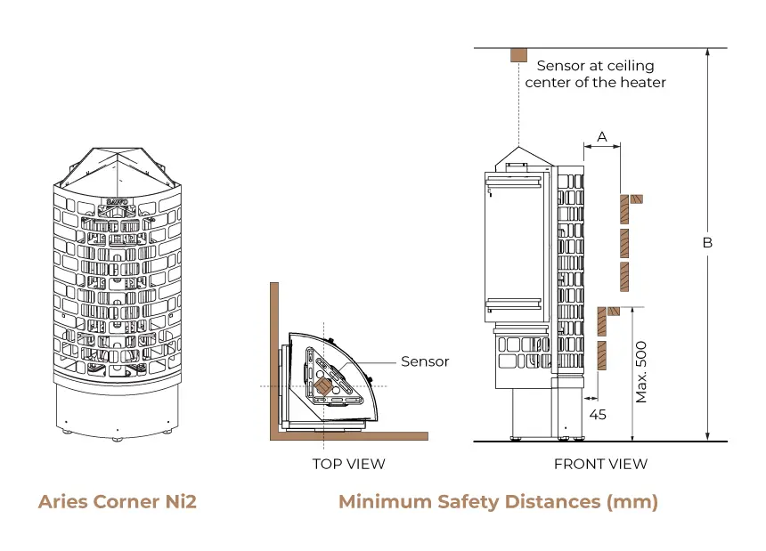 ELECTRIC SAUNA HEATER SAWO ARIES CORNER BLACK NI2, ARI3-75Ni2-CNR-BL-P-C 7,5kW, WITHOUT CONTROL UNIT