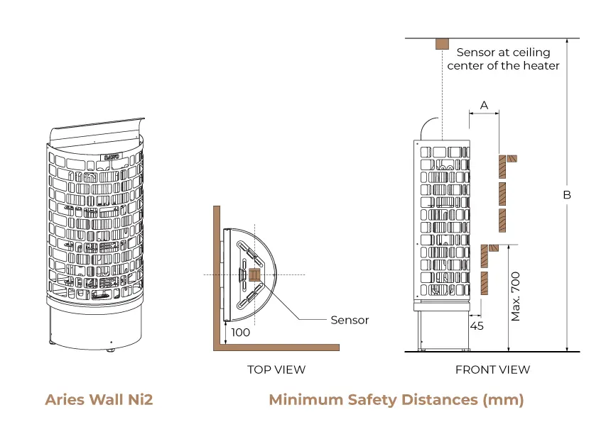 ELECTRIC SAUNA HEATER SAWO ARIES WALL BLACK NI2, ARI3-60Ni-Wl-BL-P-C2 6,0kW, WITHOUT CONTROL UNIT