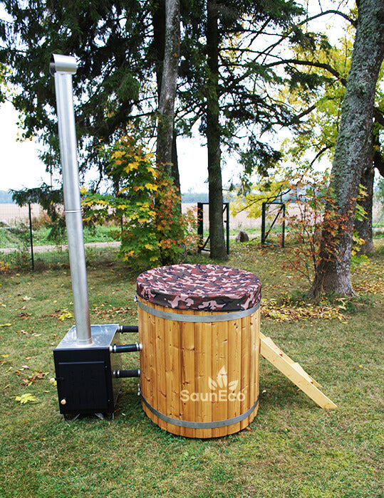 Barrel Saunas 2-person Mini Thermowood Hot Tub in garden setting