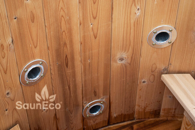 Barrel Saunas Mini Thermowood Hot Tub chimney and steel bands