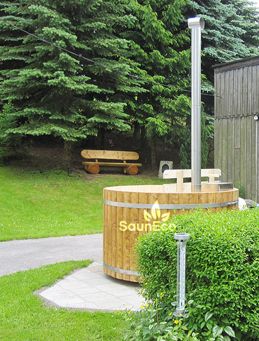 Barrel Saunas 4-person Family Spruce Hot Tub in garden setting