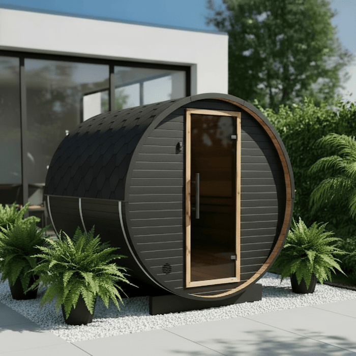 Thermo Wood Barrel Sauna Black - 4-6 Person Outdoor Sauna