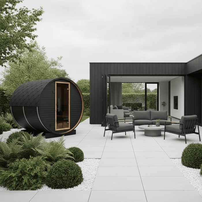 Thermo Wood Barrel Sauna Black - 4-6 Person Outdoor Sauna