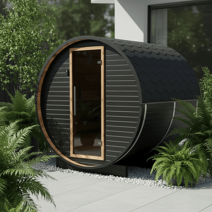 Thermo Wood Barrel Sauna Black - 4-6 Person Outdoor Sauna