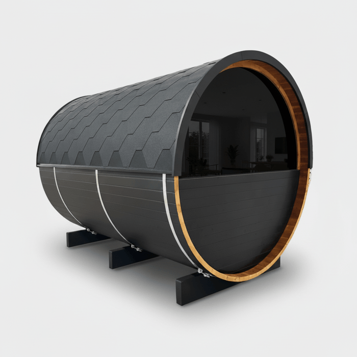 Thermo Wood Barrel Sauna Black - 4-6 Person Outdoor Sauna