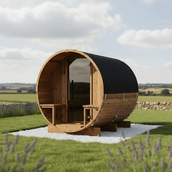 Thermo Wood Barrel Sauna - Small with Relaxation Terrace (2-4 Person)