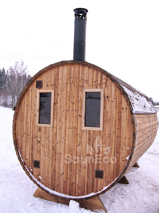 Barrel Saunas – Two-Room Thermowood Barrel Sauna Lodge (13ft) for 6 | Terrace & Wood-Fired Heater