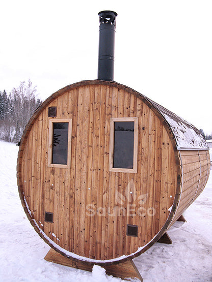 Barrel Saunas – Two-Room Thermowood Barrel Sauna Lodge (13ft) for 6 | Terrace & Wood-Fired Heater