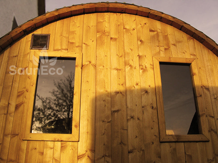 Barrel Saunas – Two-Room Thermowood Barrel Sauna Lodge (13ft) for 6 | Terrace & Wood-Fired Heater