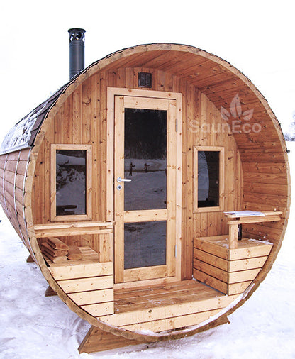 Barrel Saunas – Two-Room Thermowood Barrel Sauna Lodge (13ft) for 6 | Terrace & Wood-Fired Heater
