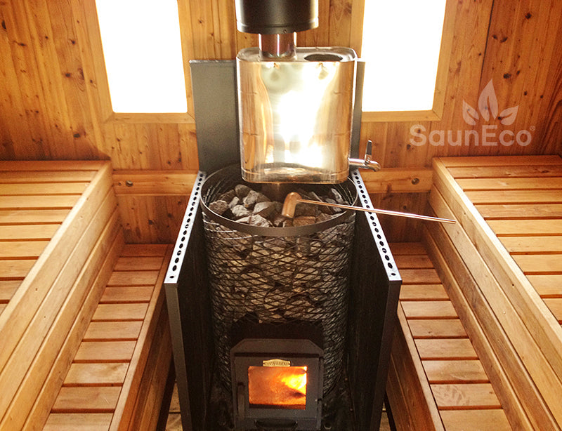 Thermowood barrel sauna lodge terrace seating area for 6 people