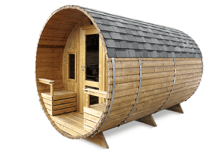 Barrel Saunas two-room thermowood barrel sauna lodge with terrace, exterior view