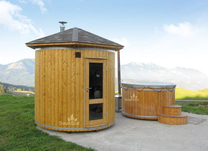 Barrel Saunas – Upright Garden Sauna Lodge (2.8m) for 6 | Wood-Burning Heater