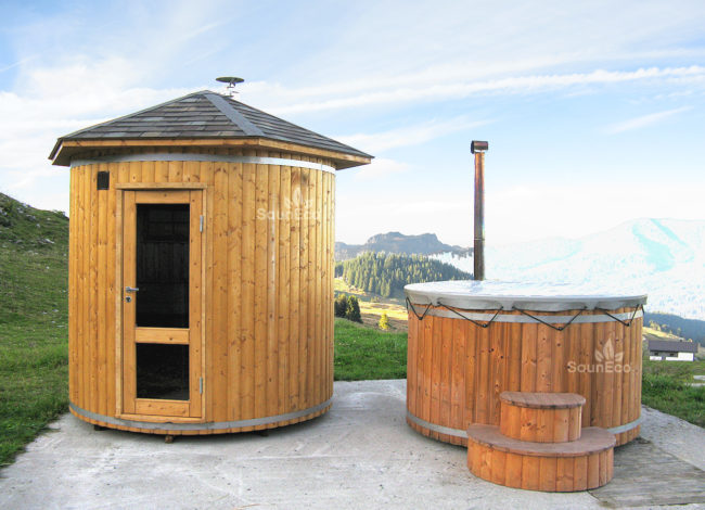Garden sauna lodge interior with electric heater