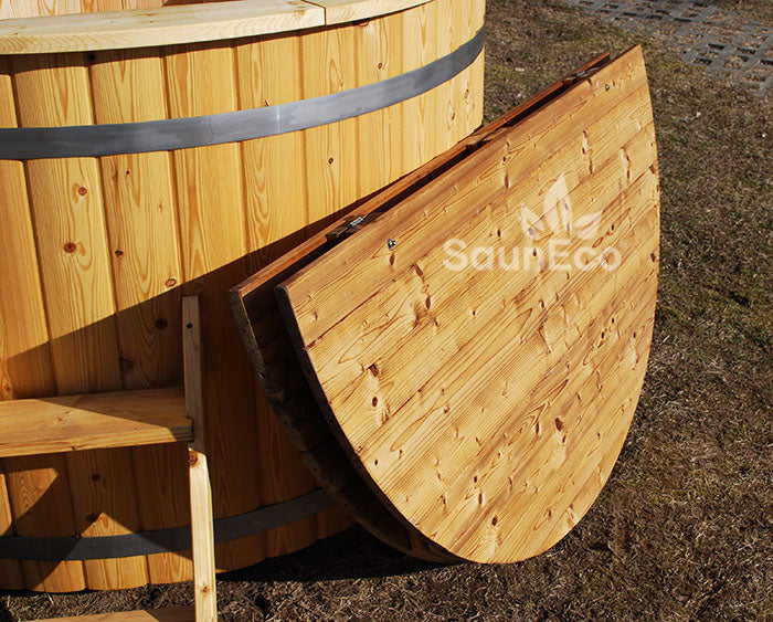 Barrel Saunas Family Larch Hot Tub chimney and steel bands