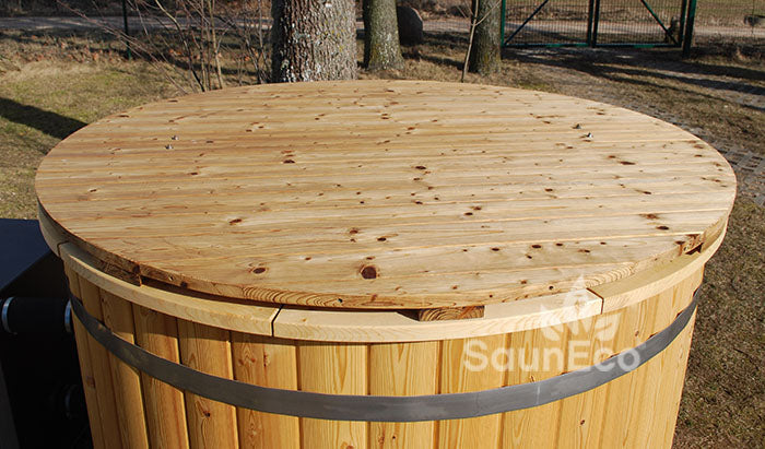 People soaking in Barrel Saunas Family Larch Wood Spa Hot Tub outdoors