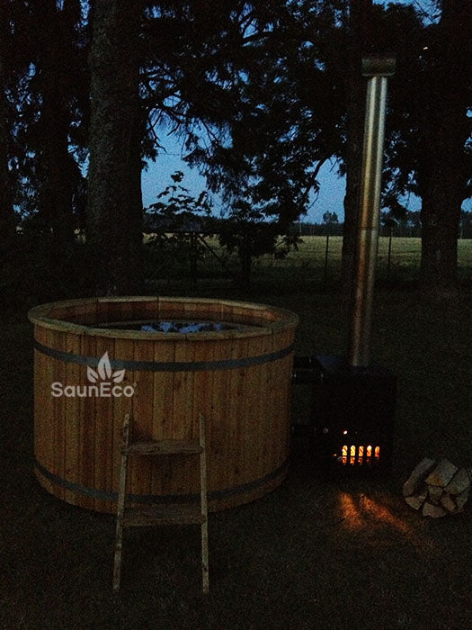 Barrel Saunas Medium Larch Wood Hot Tub chimney and stove detail