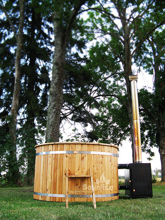 Customers favourite! 6-person Ø5.5ft Round Wooden Hot Tub Spa + External Woodburning heater