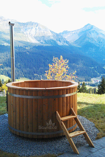 Barrel Saunas Medium Larch Wood Hot Tub external aluminium furnace