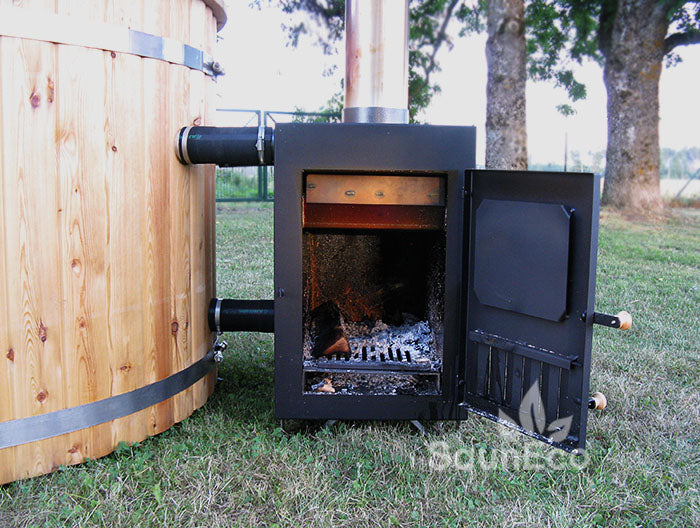 Barrel Saunas 6-person Larch Wood Hot Tub set up in garden