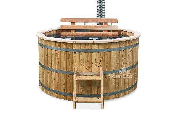 Barrel Saunas 8-person Larch Round Hot Tub in garden setting