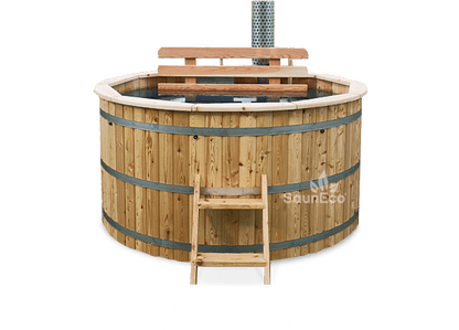 Barrel Saunas 8-person Larch Round Hot Tub in garden setting