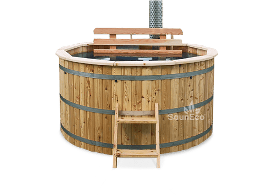 Barrel Saunas 8-person Larch Round Hot Tub in garden setting